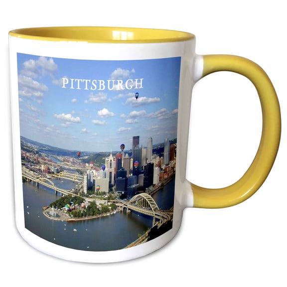 3drose, Hot Air Baloons Over Pittsburgh, 15oz Two-tone Yellow Mug