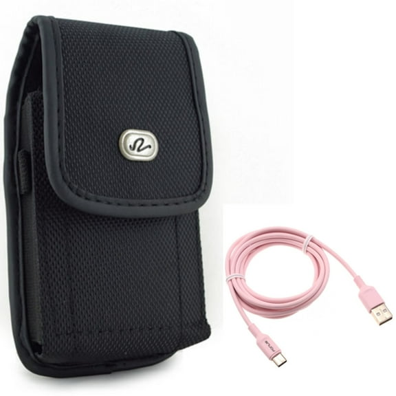Pink 6ft USB-C Cable w Rugged Case Belt Clip for Samsung Galaxy A53 5G,A33 5G Phones - Charger Cord Power Wire Type-C, Holster Canvas Cover Pouch