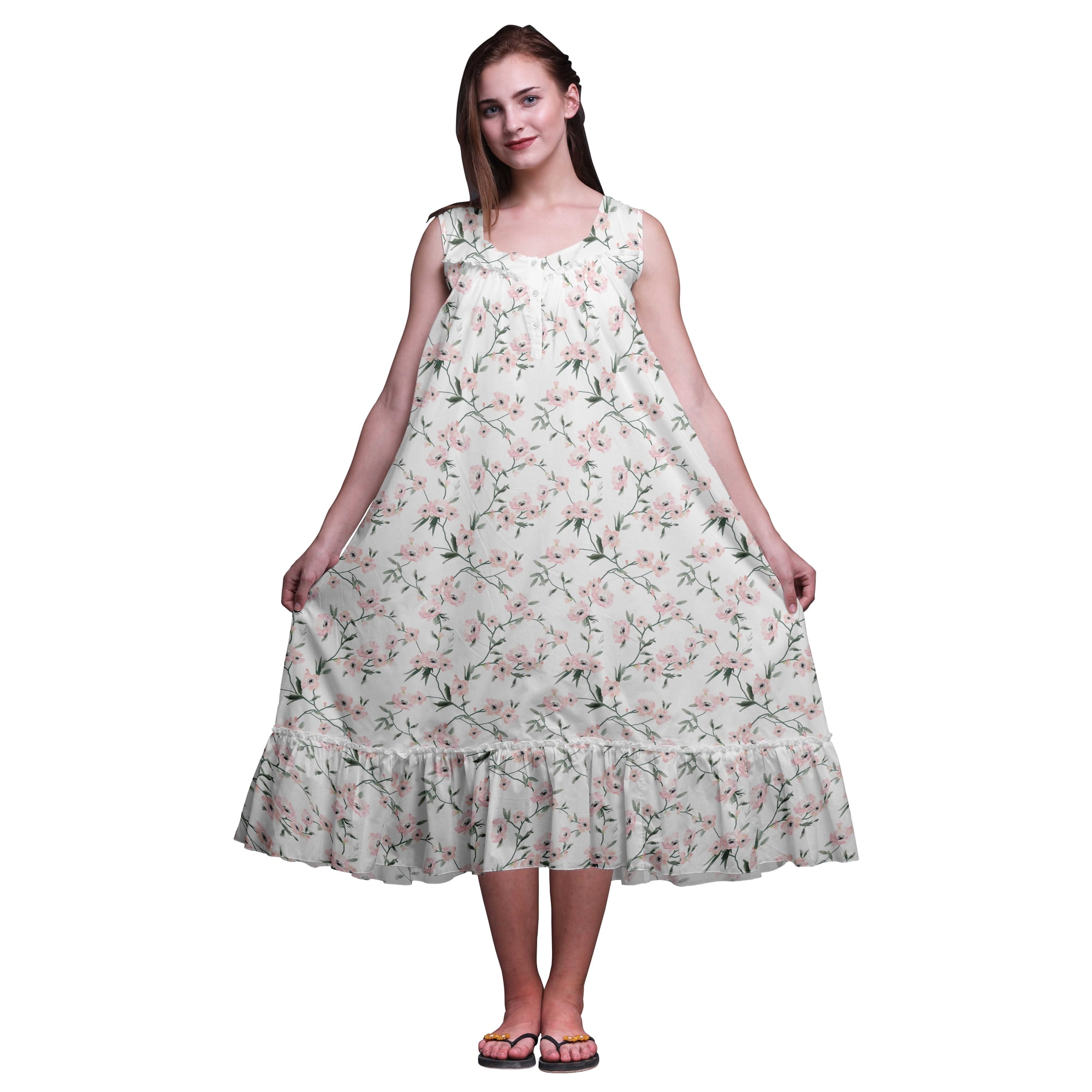 Bimba White Floral Leaves & Peony Sleeveless Night Gown For Womens Cotton Printed Nightwear Ladies Sleepwear X-Small