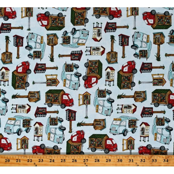 Cotton Free Little Library Book Exchanges Libraries Books Bookcases Reading Readerville Cotton Fabric Print by the Yard (MAS10233-B)