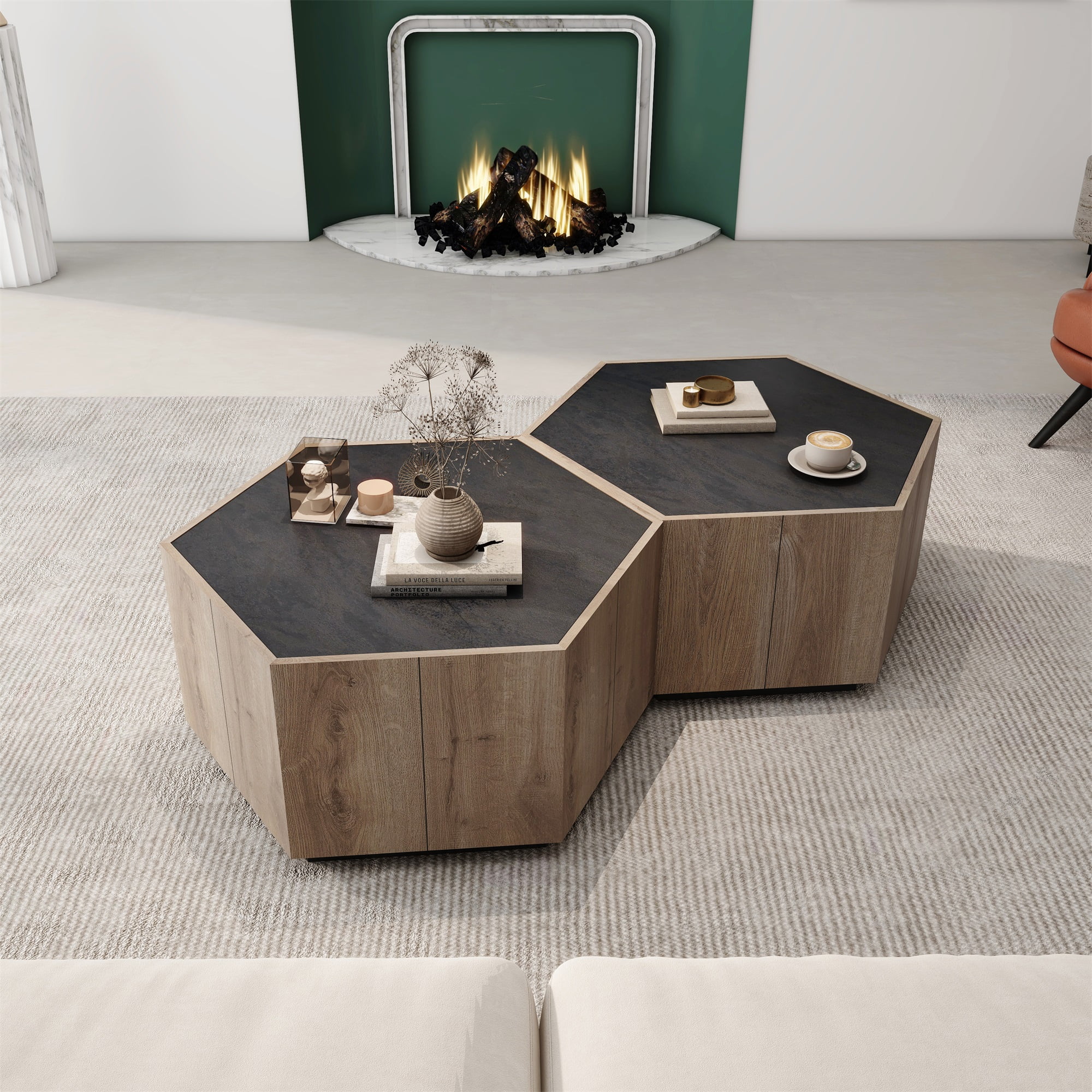 Kadyn Hexagonal Coffee Table, Tea Table with 2 Drawers, Light Oak Sofa Center Table