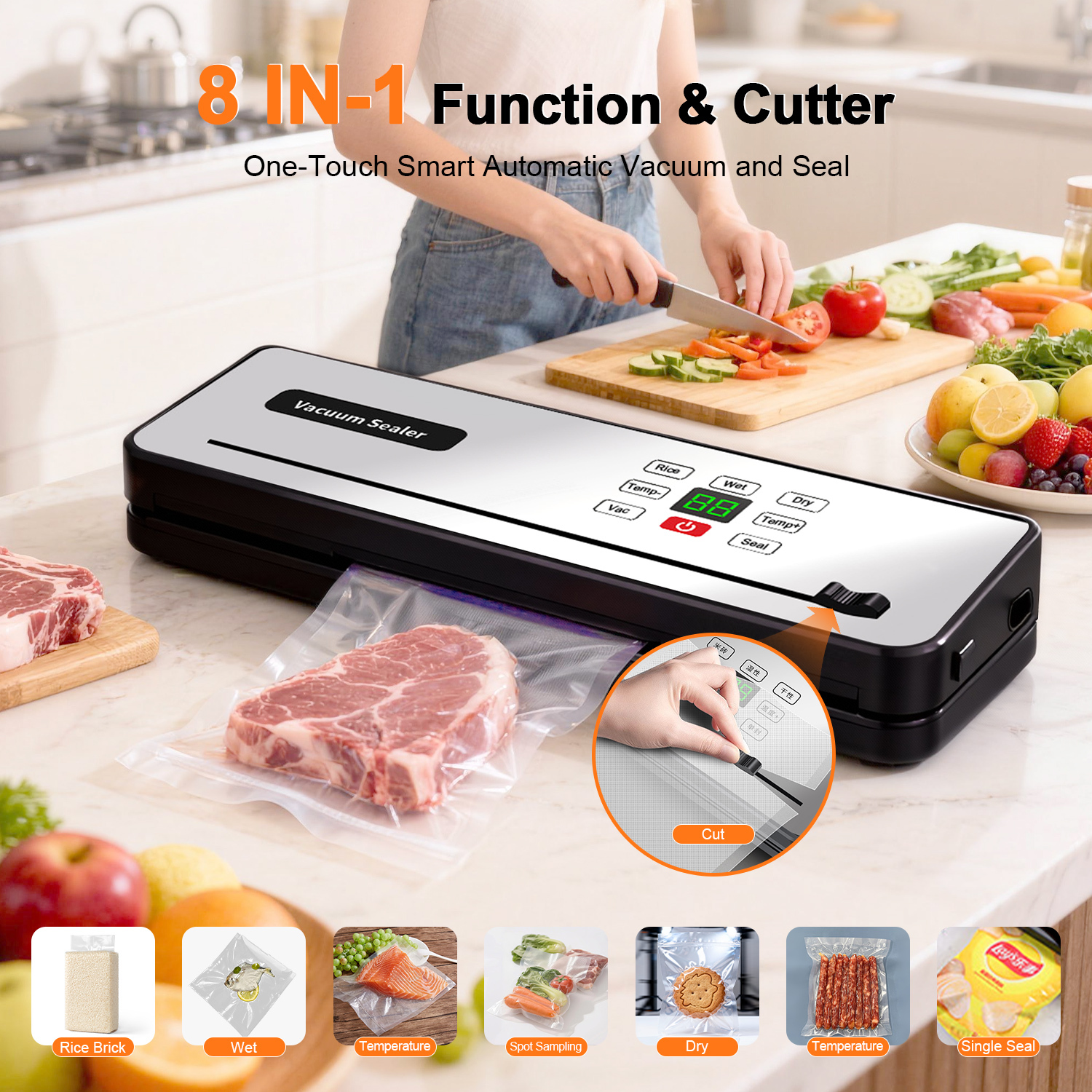 Food Vacuum Sealer Machine with Food Vacuum Sealer Bags, Automatic Food Sealer with Dry & Moist Food Modes, UV Lights, Charging and Plug-in,Compact Design for Food Storage
