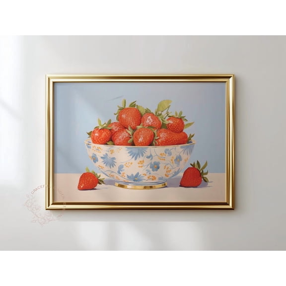 Strawberry Chinoiserie Print, Blue Cottagecore Kitchen Wall Art Home Decor UNFRAMED Poster, Wall Art for Decor, Present, 8x12