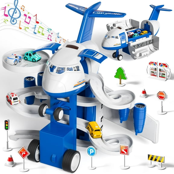 KukuFun Airplane with Vehicle Track & 4 Cars, Spray Aeroplane Toys with Light & Sound for Toddlers 1-3-6, Boys Toys Ages 1-3-5