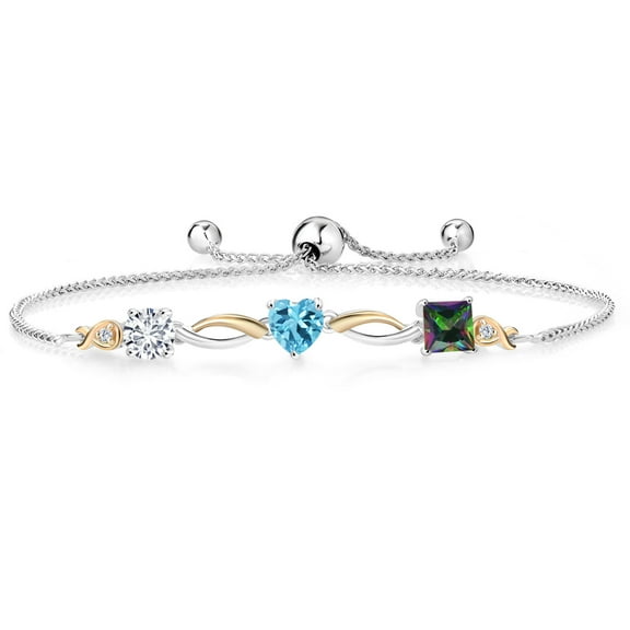 Gem Stone King 925 Silver and 10K Yellow Gold Swiss Blue Topaz Green Mystic Topaz and Lab Grown Diamond Tennis Bracelet for Women By Keren Hanan (2.25 cttw, Adjustable up To 9 inch)