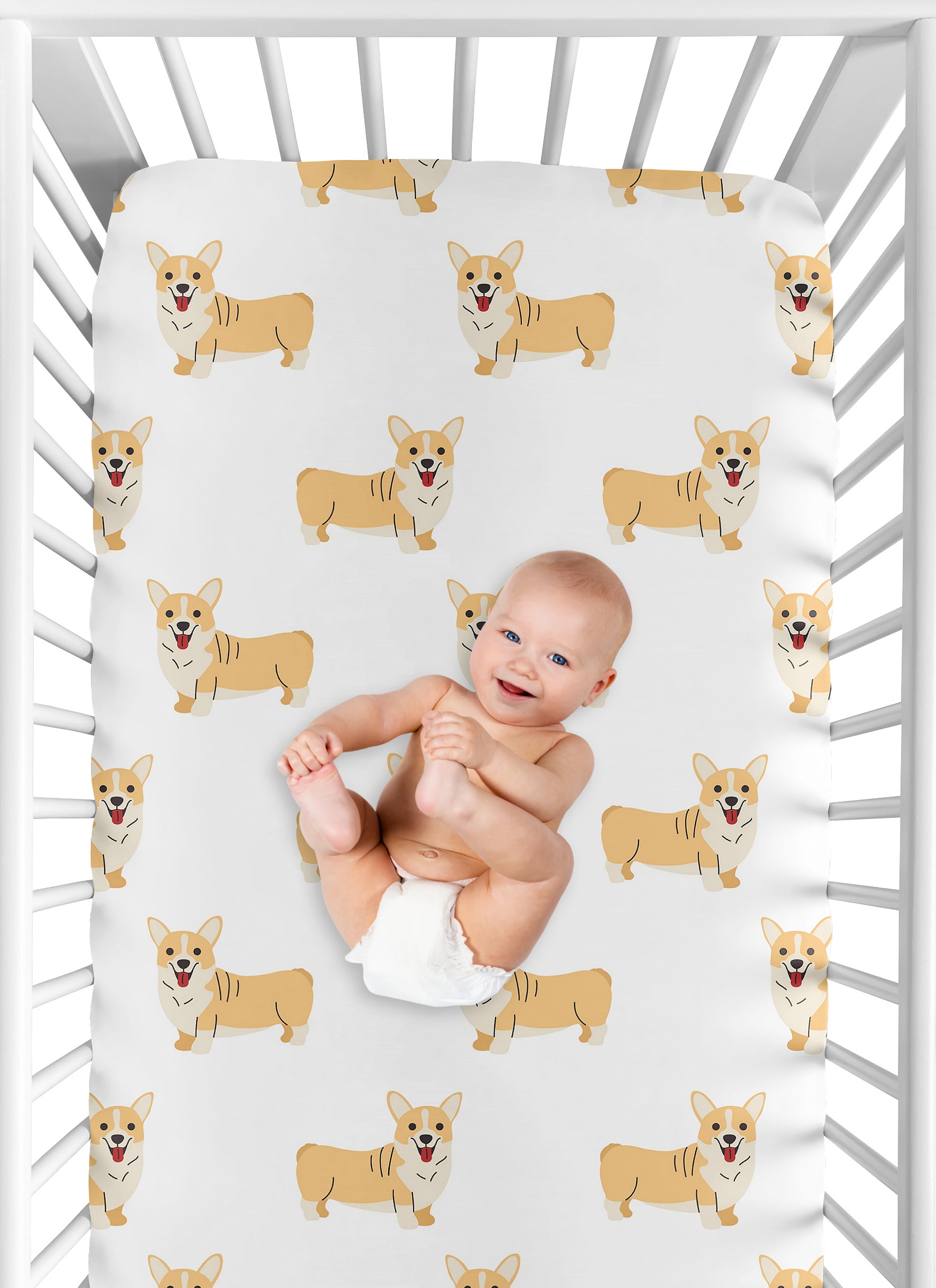 Sweet Jojo Designs Cartoon Puppy Corgi Dog Boy, Girl, Unisex/Gender Neutral Fitted Crib Sheet