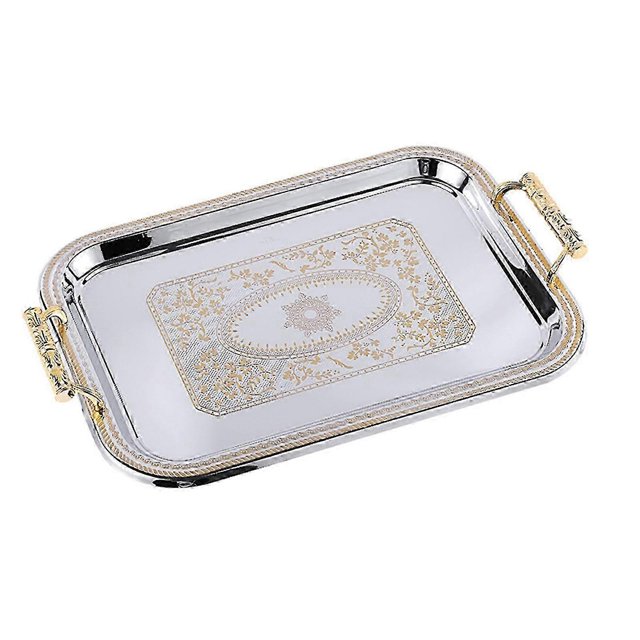 Elegante bandeja nórdica de acero inoxidable con asas para servir en cafeterías y para la presentación de alimentos y postres.