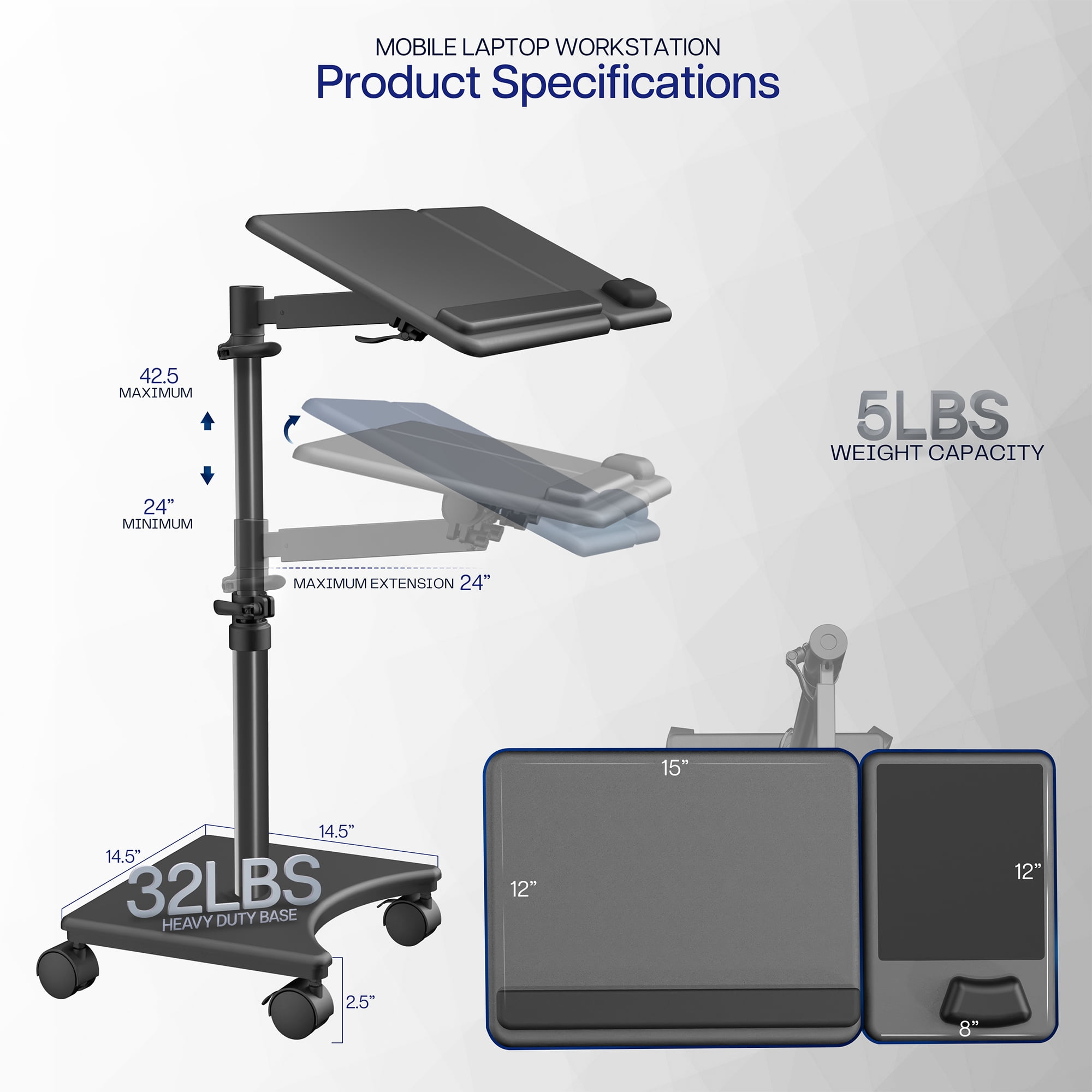 VIVO Black Laptop Cart with Extension Arm and Mouse Pad