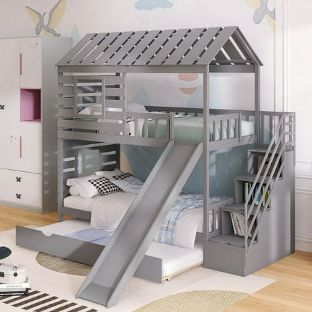Twin Over Twin Bunk Beds with Trundle & Slide  Solid Pinewood House Bedframe w/ Storage Staircase  Roof & Window Design  No Box Spring Need  Gray