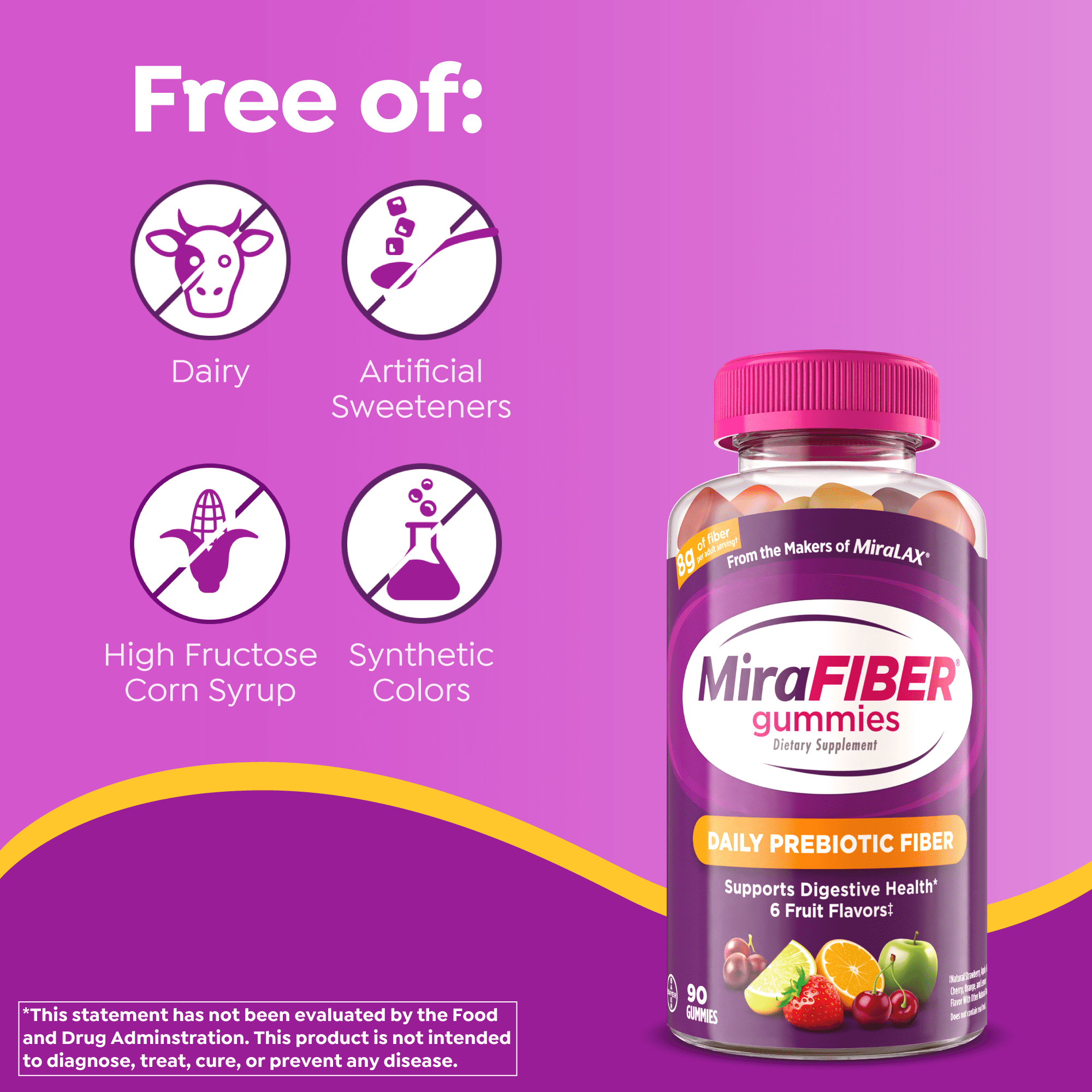 MiraFIBER Daily Prebiotic Fiber Gummies, From The Makers of MiraLAX, 8g Per Adult Serving, Gut Health with Prebiotic Fiber, Gummies for Adults & Children 4+, Mixed Fruit Flavor, 90 Count