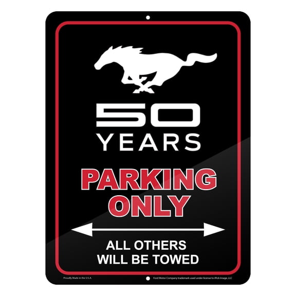 iPick Image for Ford Mustang 50 Years 12" x 9" Parking Only Sign in Black Glassy Aluminum, Official Licensed