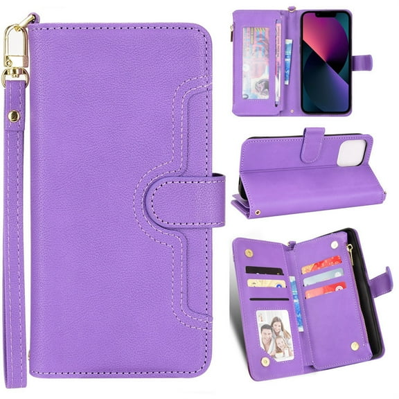Allytech iPhone 14 Pro 6.1" Zipper Wallet Case with 6 Card Slots, [Wrist Strap] [Shoulder Lanyard] Premium PU Leather Flip Stand Protective Case for Apple iPhone 14 Pro 5G 2022, Purple