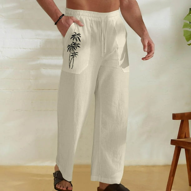 Pantalones largos para hombre, de lino y cintura elástica, transpirables, cómodos, suaves y casuales para playa, pantalones largos de poliéster para hombre.