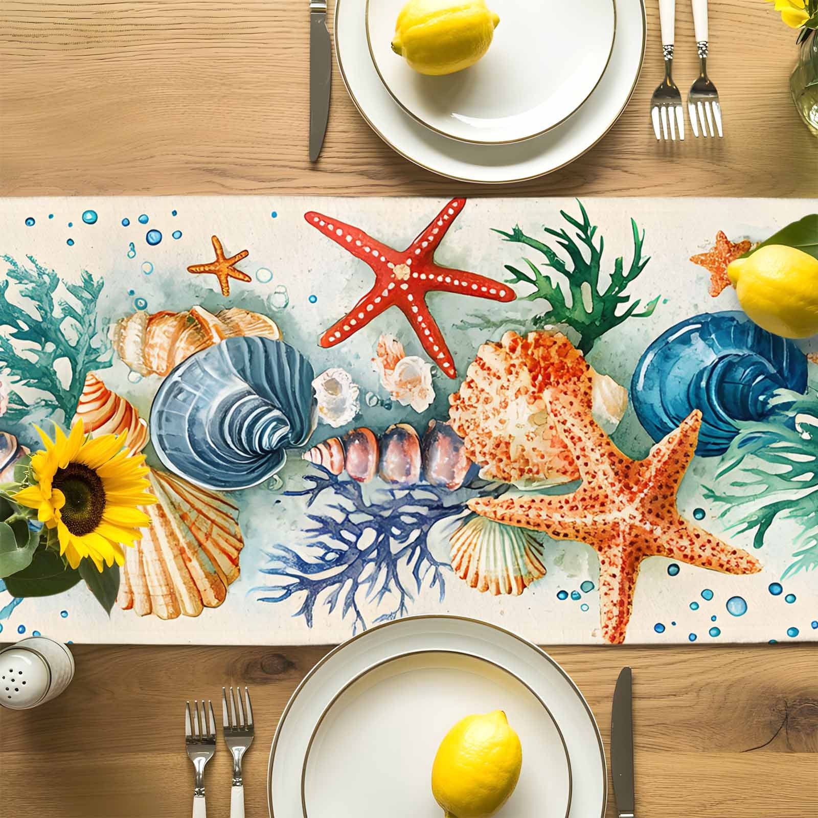 Ocean Starfish Shell Conch Table Runner 90 Inches Long, Sea Coral Underwater World Table Runners Tabletop Scarf Kitchen Dining Tables Decoration for Home Party Indoor Outdoor