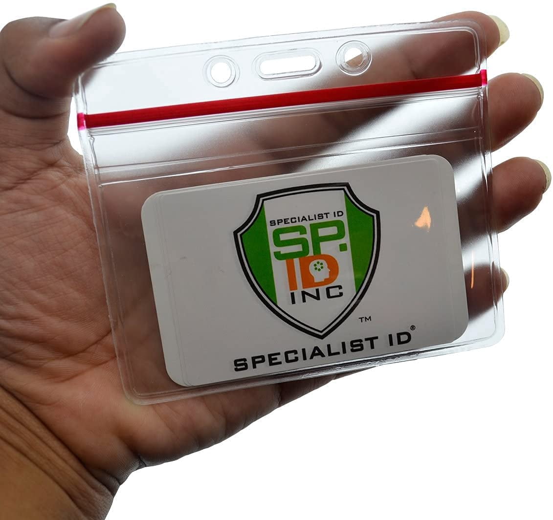 100 Pack - Heavy Duty Badge Holder Horizontal with Resealable Zip Top - Clear Plastic Waterproof i’d Card Protector - Top Load Pouch w/ Lock Zipper Closure for Office & Nurses by Specialist ID