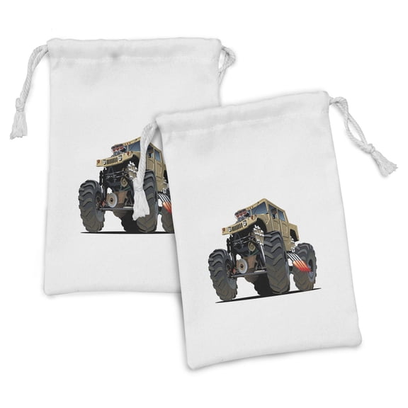 Cars Fabric Pouch Set of 2, Extremely Large Giant Monster Pickup Truck with Huge Oversized Tires Race Illustration, Drawstring Bag for Toiletries Masks and Favors, 9" x 6", Multicolor, by Ambesonne