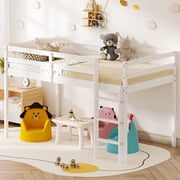 Zimtown Twin Size Loft Bed with Stairs Wood Low Sturdy Loft Bed for Bedroom, White