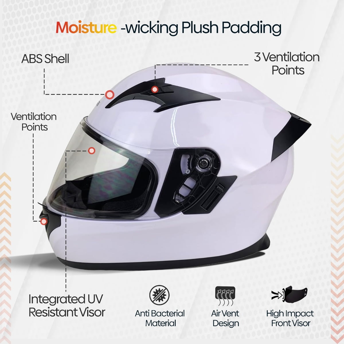 PITMOTO PM-888, Full Face Dual Visor DOT Approved Motorcycle Helmet-White-X-Large
