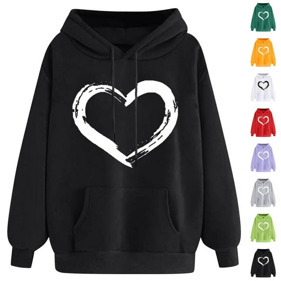 Zpanxa Women's Heart Print Hooded Sweatshirt Long Sleeve Pullover Drawstring Casual Loose Fit Fleece Lounge Top with Front Pocket