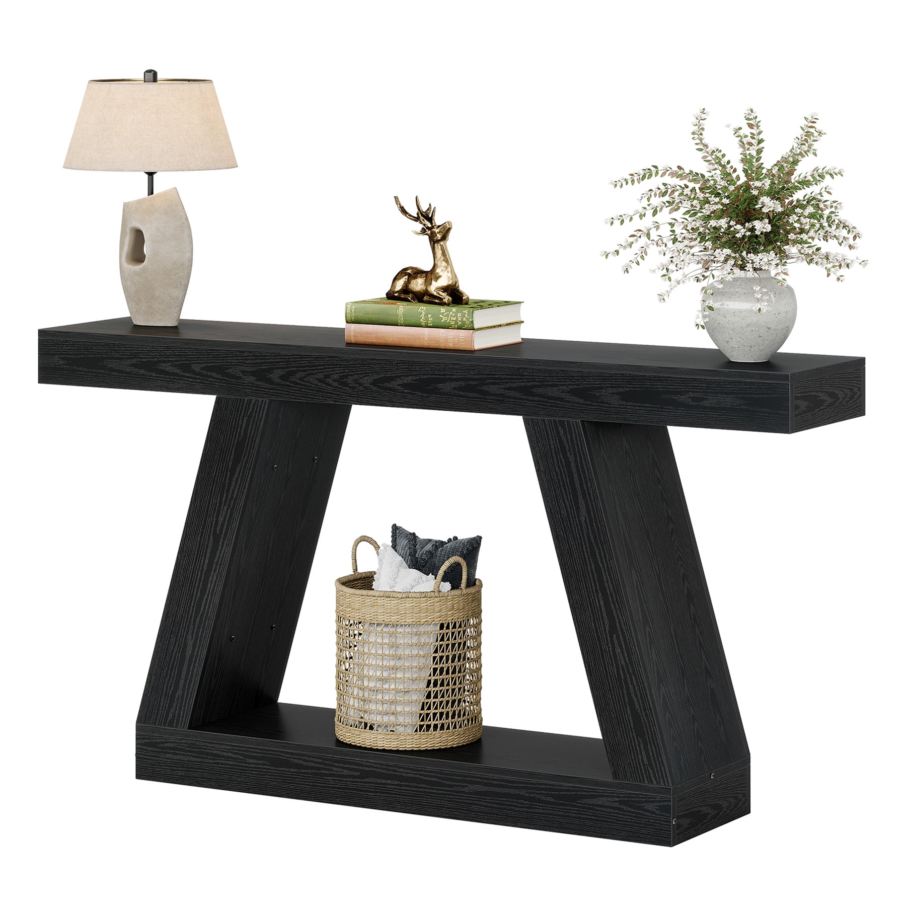 Fnova 55" Farmhouse Console Table, 2-Tier Storage Sofa Table, Long Wood Entryway Table for Hallway, Living Room, Easy Assembly