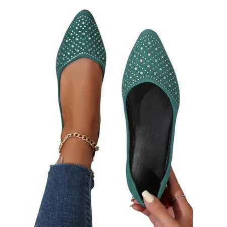 

Jacenvly 2024 New Fashion Versatile Casual Single Shoes Women s Flat Bottom Pointed Hinestone Solid Color Shallow Mouth Slip on Women s Casual Shoes Green Sandals for Women Clearance