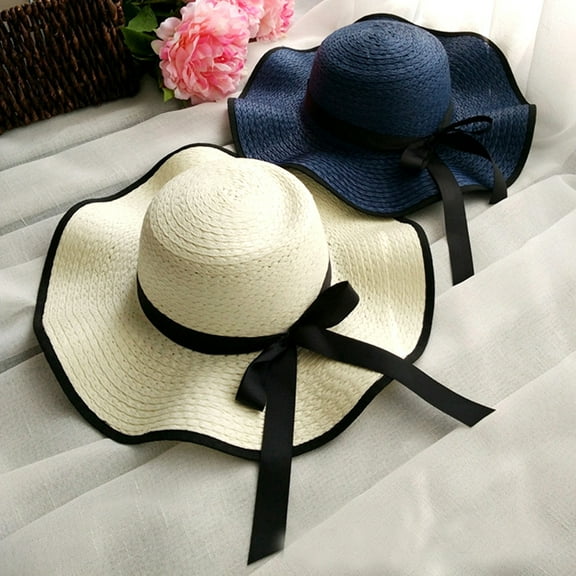 Fairnull Sunscreen Braided Foldable Straw Hat Bowknot Decor Wave Wide Brim Women Beach Hat Fashion Accessories