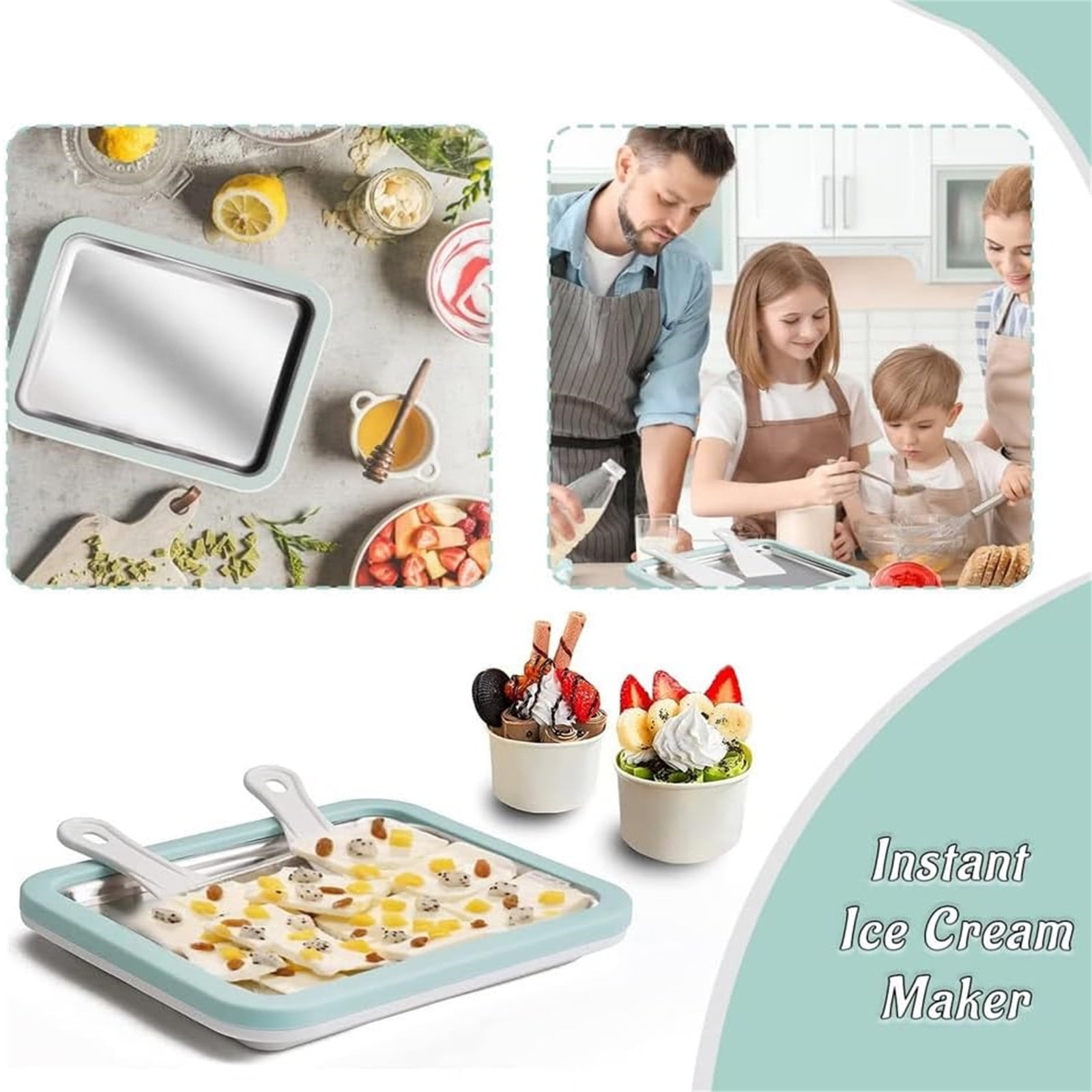 Rolled Ice Cream Maker Kit – Instant DIY Ice Cream Tray with 2 Scrapers, Stainless Steel Homemade Rolling Ice Cream Pan, No Electricity Needed, Family Fun Gift