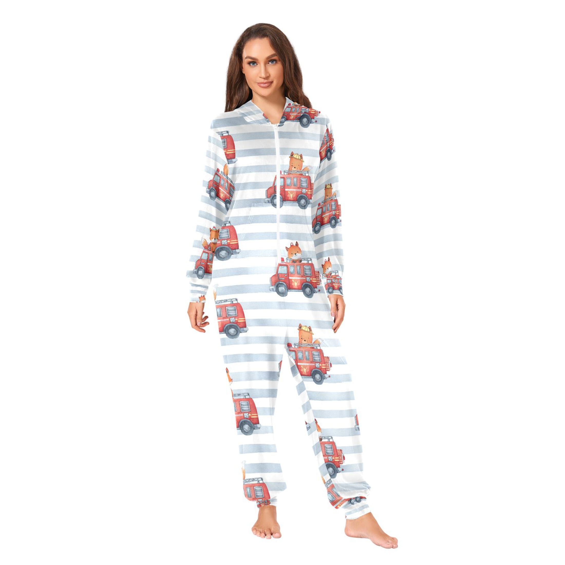 Adult Christmas Onesie Cute Fire Truck and Fox Adult Zipper One-Piece Pajamas Unisex Pajamas with Pockets