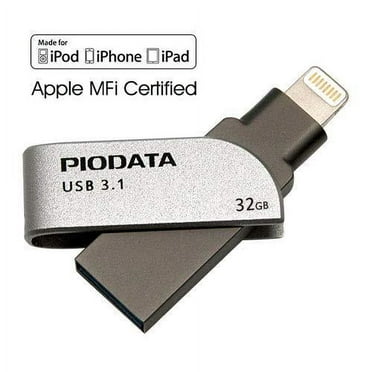 piodata ixflash 32gb iphone ipad flash drive usb 3.0 apple mfi certified lightning connector, external storage memory expansion for ios devices, windows and mac, gray