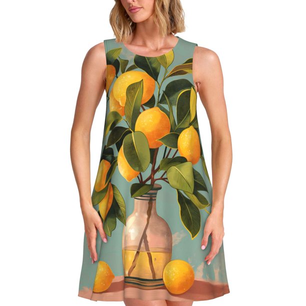 Easygdp Retro Warm Lemon Flower para Vestido Transpirable de Mujer, Vestido Suelto de Manga Corta con Pliegues y Bolsillos para el Verano