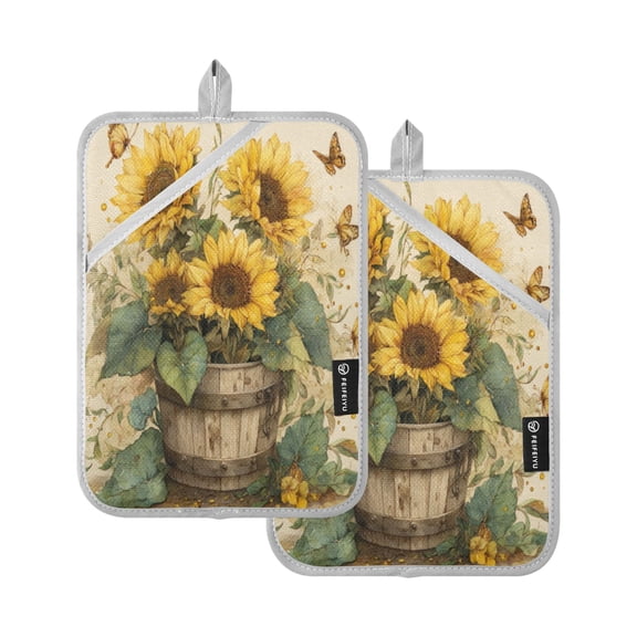 2Pack Heat-Resistant Quilted Cotton Potholders - Stylish Kitchen Grips for Hot Pots & Pans Ovens Sunflowers in An Old Bucket