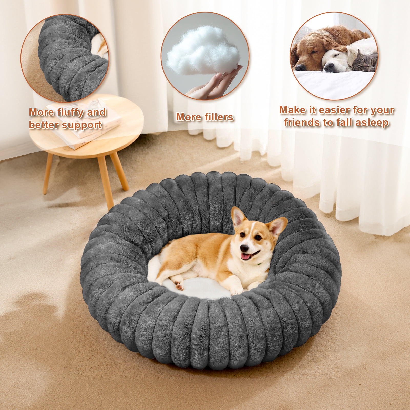 Katieovy Large Donut Dog Beds,Fluffy Calming Dog Beds with Non-Slip Bottomm,32 x 32 inch Washable Round Dog Cat Beds,Dark Gray