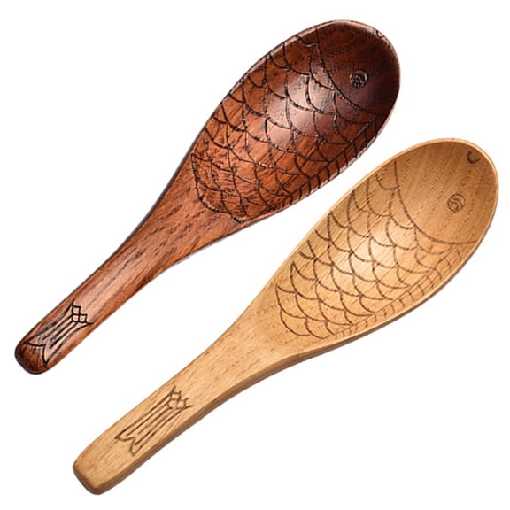 2Pcs Wood Rice paddle Non-stick Fish Shaped Rice Spoon Hand-Carved Wooden Service Scoop Shovel Cooking Tableware for Home Kitchen Utensils