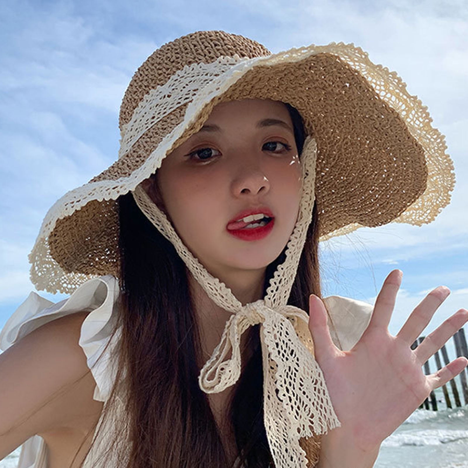 Floppy Wide Brim Sun Hat with Lace, Packable & Adjustable Chin Strap Lace Trim Wide Floppy Large Brim Sun Beach Packable Spring  main image 2