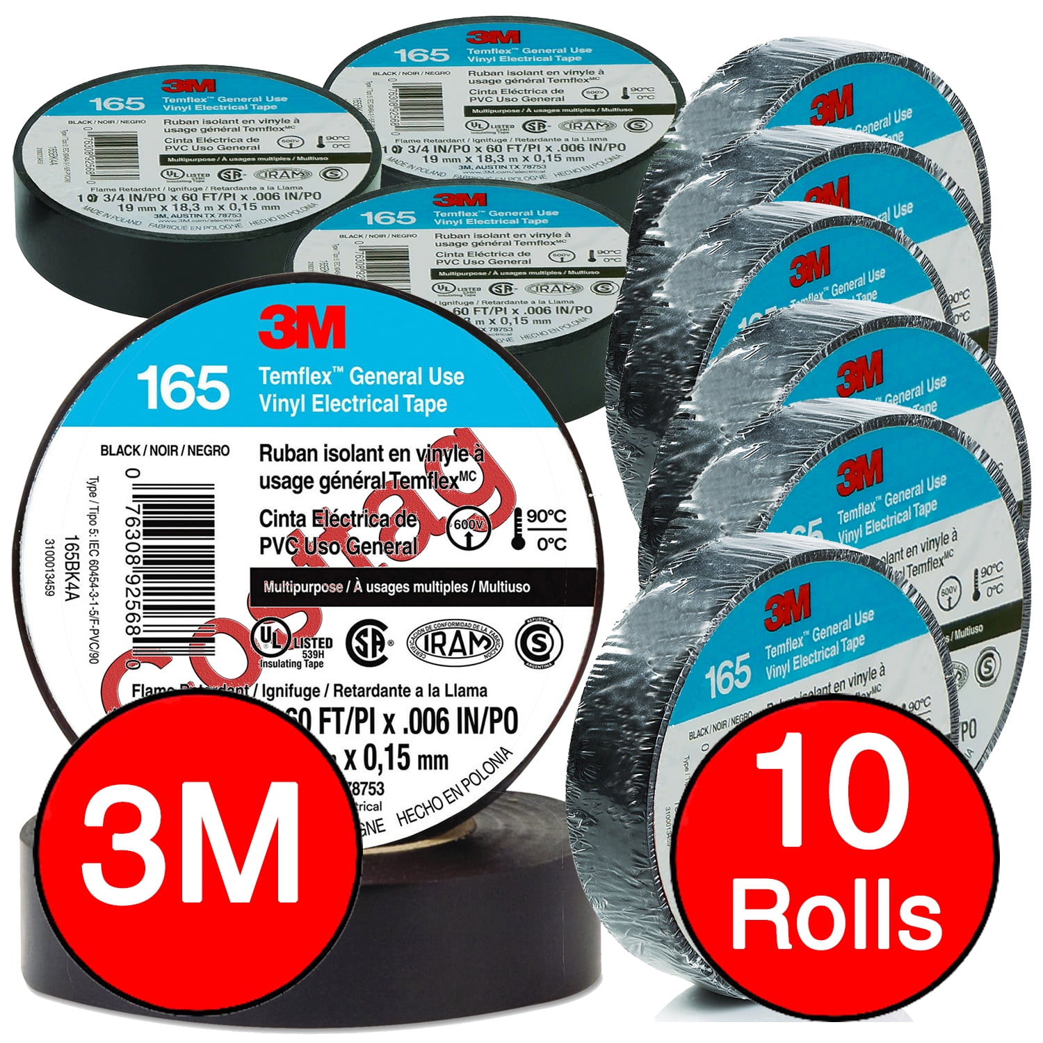 (10 ROLLS) 3M TEMFLEX 1700 ELECTRICAL TAPE BLACK 3/4' x 60 FT INSULATED ELECTRIC