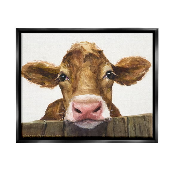 Stupell Industries Cow Resting on Fence Animals & Insects Painting Black Floater Framed Canvas Art Print Wall Art, 21 x 17