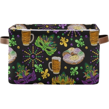 Hotbar Mardi Gras Pattern Storage Basket Foldable Storage Bin, Canvas Rectangular Storage Basket with Leather Handles for Home Closet & Office Decoration
