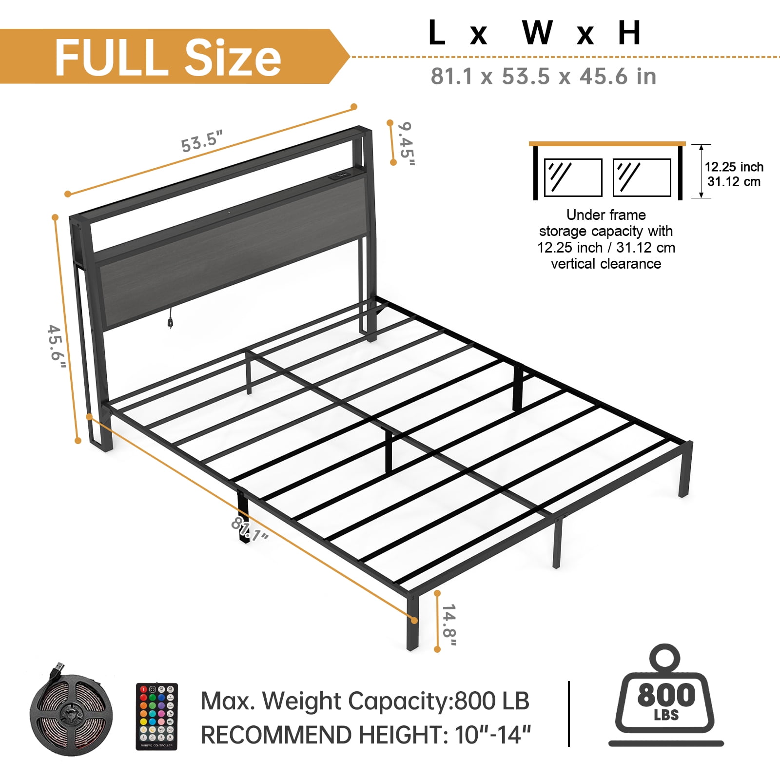 Leumius Queen Size Bed Frame with Headboard, Platform Bed with RGB LED Light & Charging Station & Under Bed Storage Space, Easy Assembly,Dark Gray