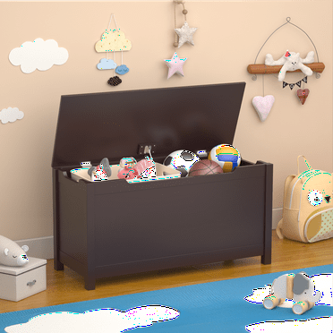 Oufan Kids Wooden Toy Box Storage with Safety Hinged Lid for Ages 2  (Coffee)