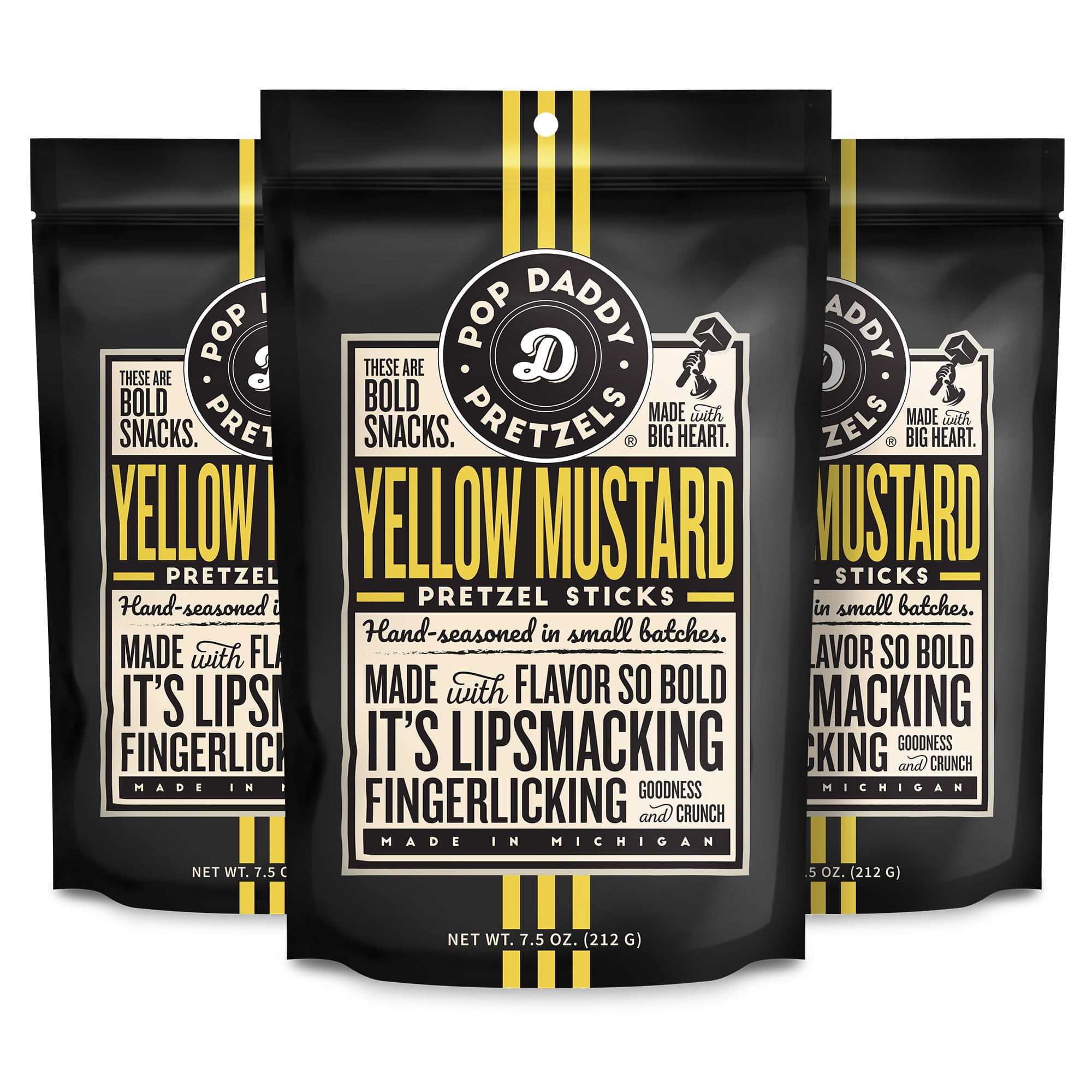 Pop Daddy Yellow Mustard, Healthy Bold Gourmet Flavored 7.5oz Pretzel Sticks 3 Pack