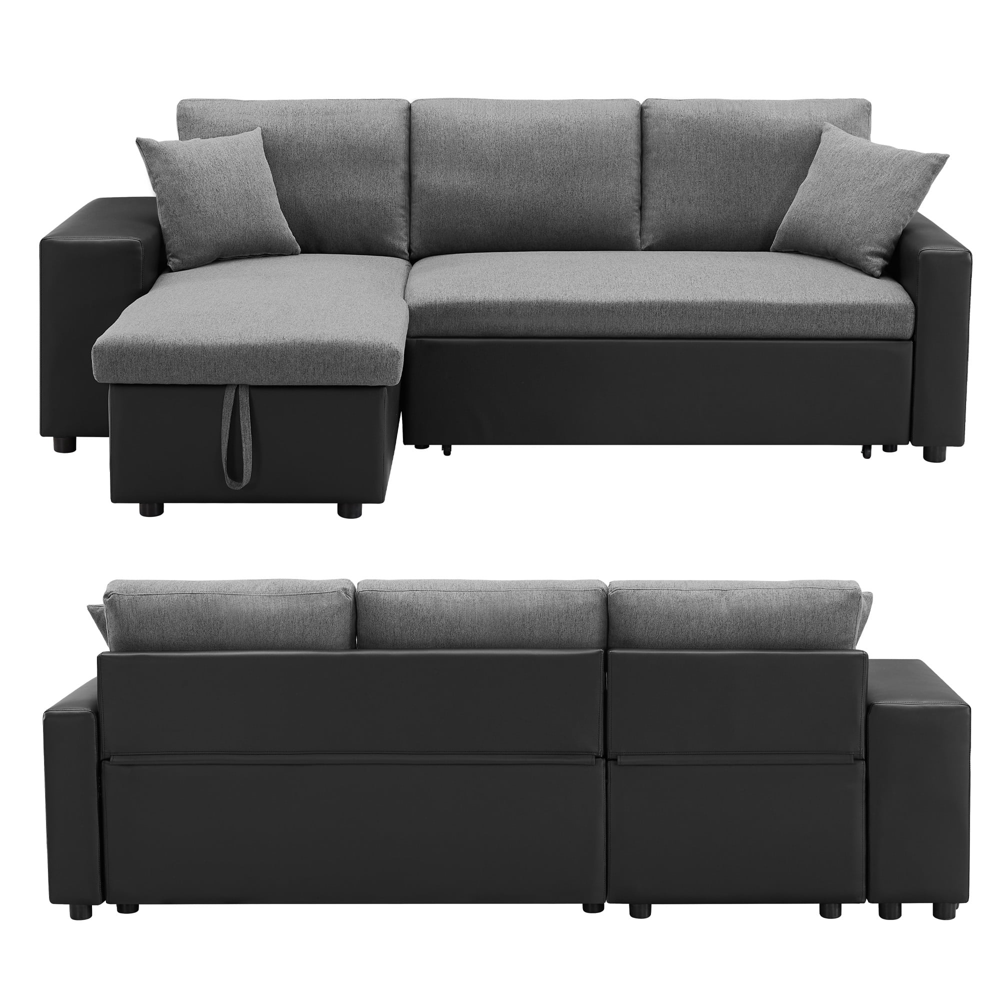 Aukfa 92.5" Reversible L-Shaped Sectional Sofa with Pull Out Sleeper Couch Bed, Storage Chaise and 2 Ottoman for Large Living Room - Dark Gray