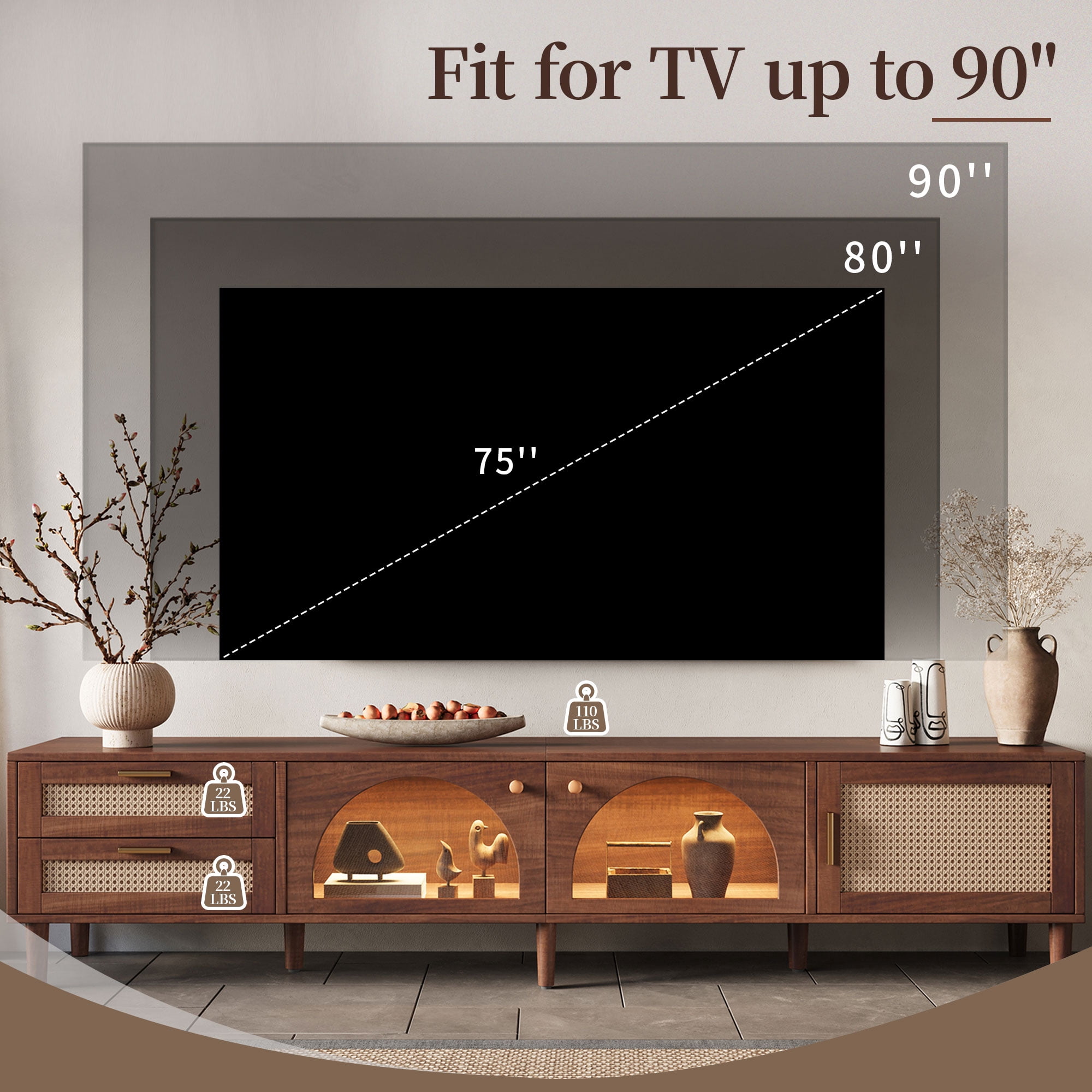 Homy Casa 86.6" Walnut TV Stand for 90" TVs with App LED Lights, 2 Glass Doors and Rattan Cabinet