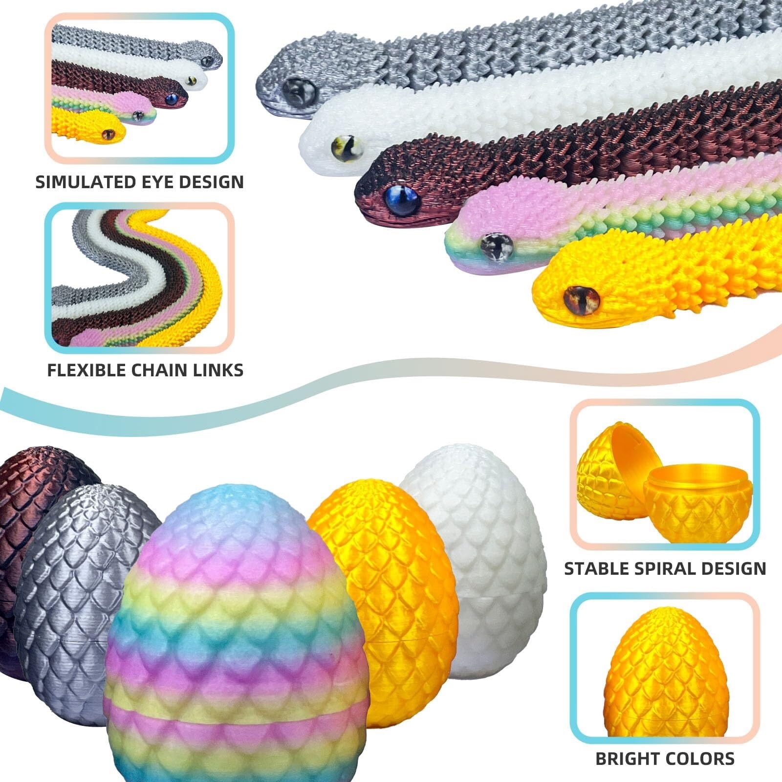 5 Pieces 3D Printed Snake Egg Set Movable Snake Easter Egg Easter Gift Mystery Snake Egg Fidget