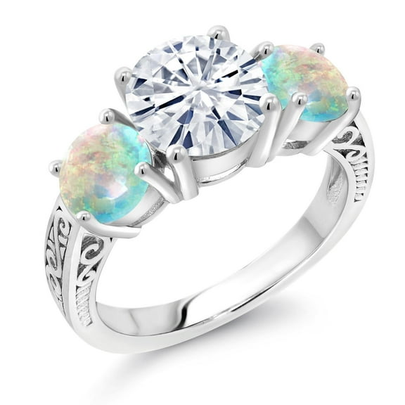 Gem Stone King 925 Sterling Silver White Moissanite and Simulated White Opal Engagement Ring for Women | 3.90 Cttw | Round 8MM | Gemstone Birthstone | Size 5