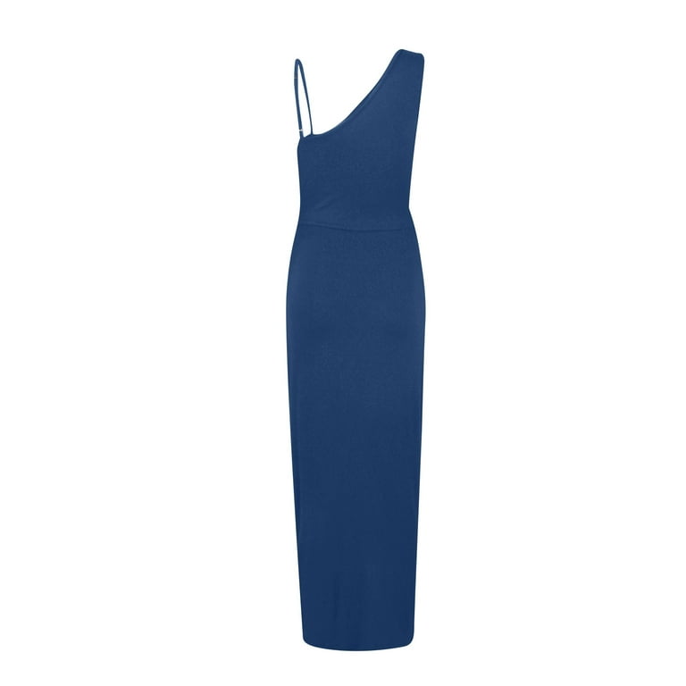 BEEYASO Clearance Summer Dresses for Women Solid One Shoulder Sheath  Asymmetrical Fashion Sleeveless Dress Blue 2XL 