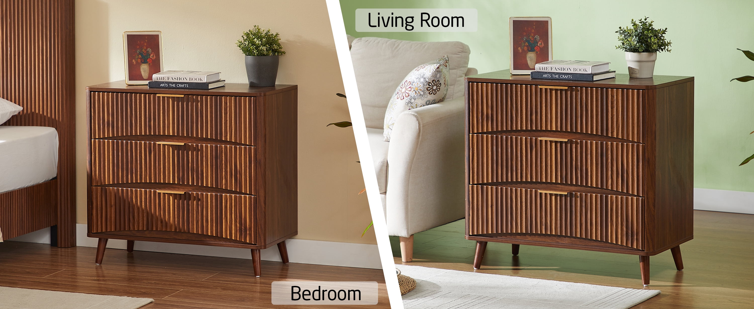 3 Drawer Dresser, Tall Chest of Drawers with Vertical Grooved Design, Solid Wood Storage Cabinet with Metal Handles for Bedroom Living Room, Walnut (31.5"W x 15"D x 30"H)