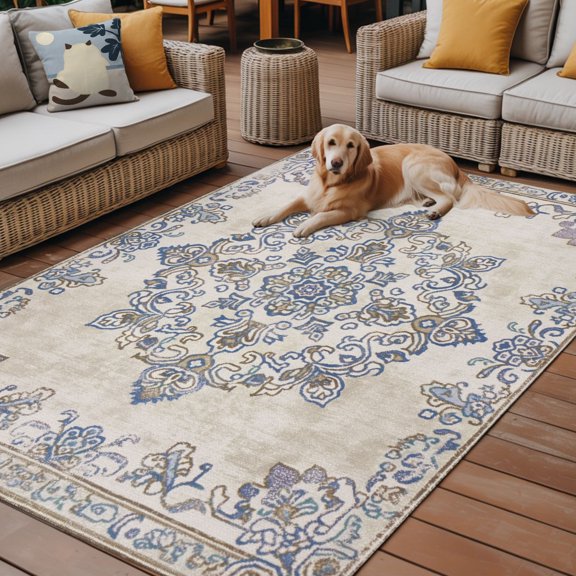 Outdoor Rug, Vintage Ethnic Wind Flowers Indoor Area Rug Outdoor Carpet RV Camping Rugs 6x9ft Bohemian Floral Patterns Outside Mat for Patio Picnic Porch Deck Balcony Backyard