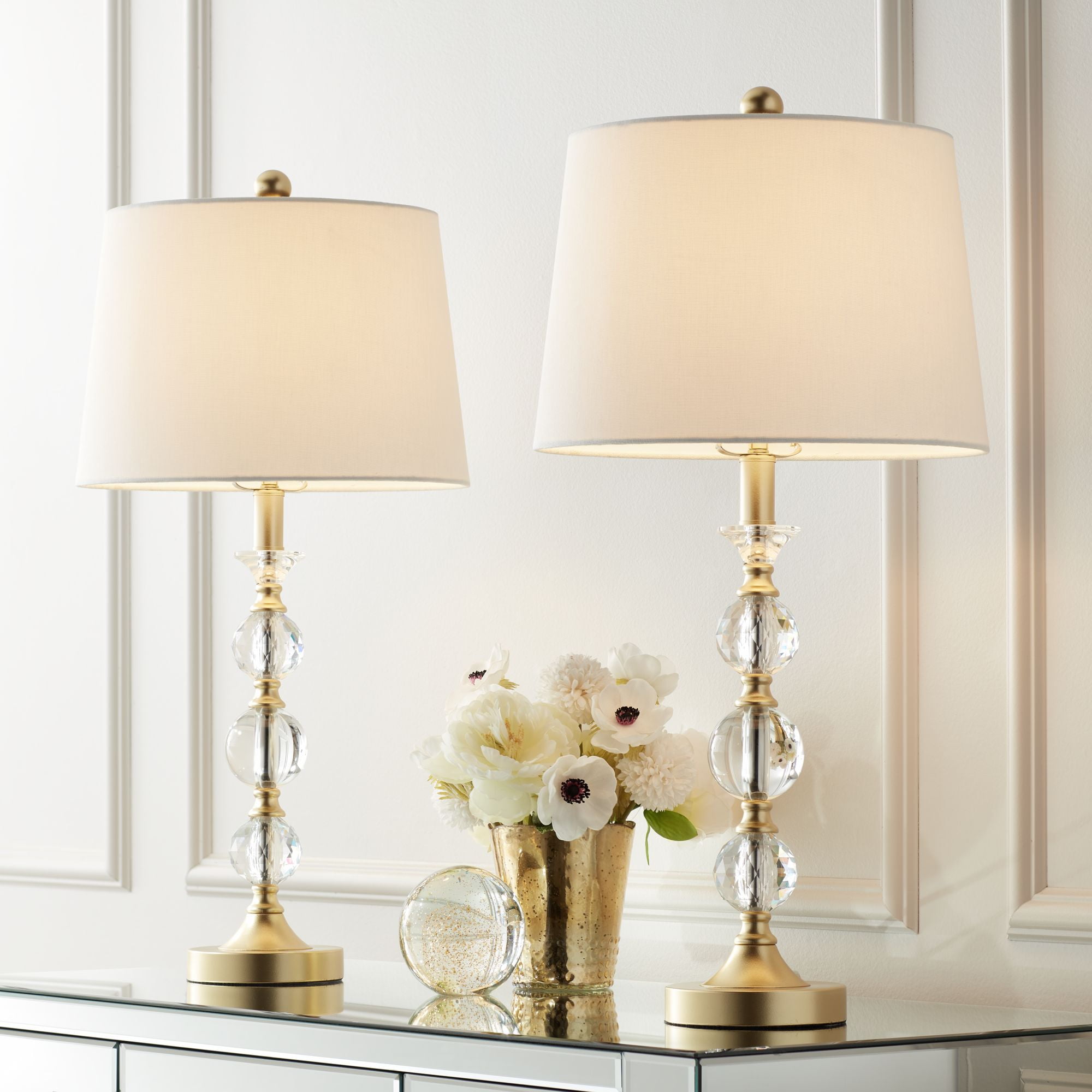 360 Lighting Traditional Glam Table Lamps 25" High Set of 2 Stacked Crystal  Glass Gold White Tapered Drum Shade for Living Room Bedroom House -  Walmart.com