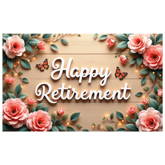 Floral Design Happy Retirement Decorative Roses Wooden Background Butterfly for Party Celebration Indoor Decoration Photo Shoot