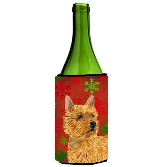 Norwich Terrier Red And Green Snowflakes Holiday Christmas Wine bottle sleeve - 24 oz.
